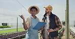 Talking, planning or farmers with checklist for agriculture on farm for sustainability or production. Teamwork, clipboard or people in countryside speaking of update on farming growth or progress