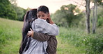 Hug, child or mother hiking in forest to relax on holiday vacation together in nature in Peru. Field, park or mom in woods trekking on outdoor adventure with son, boy or kid for love, care or support