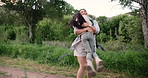 Hug, kid or mother hiking in forest to relax on holiday vacation together in nature in Peru. Field, park or mom in woods trekking on outdoor adventure with daughter, girl or child for love or support