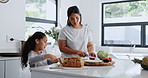 Mother, daughter or breakfast on kitchen counter by healthy food, bonding or nutrition lesson at home. Woman, girl or cut tomato or cheese in salad, cooking or raisin bread for love indoor on weekend