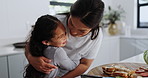 Mother, child and hug in kitchen by breakfast, love and cooking lesson at home for bonding. Woman, hands and girl for healthy food by tomato, care embrace and sandwich together on weekend in house