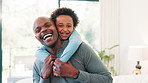 Laughing, face or father with a happy child to hug in home for care, safety or love together to relax. Smile, African or single parent dad with fun kid for support, trust or comfort in a black family