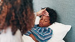 Mother, sick child and fever in bed for healthcare, virus or infection in support or trust at home. Mom, young kid or little boy with illness, flu or cold in childcare, help or medical in bedroom