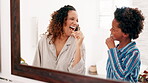 Mother, son and brushing teeth in home or mirror for morning routine, cleaning or self care in bathroom. Family, woman and boy kid with toothbrush for oral health, hygiene and fresh breath with smile