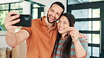 Selfie, love or happy couple with house keys in real estate, property investment or apartment sale. New home, profile picture or excited man with smile, photo or woman to celebrate moving in together