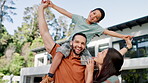 Face of happy family, piggyback or real estate for new house, mortgage loan or property investment. Portrait of homeowner, excited man and proud woman moving into home with kid in backyard together