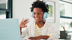 Boy, child and wave for video call on laptop, e learning and homeschooling for education on technology. Black male person, kid and headphones for online class, greeting and writing notes in book