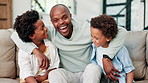 Happy black family, hug and relax on sofa for bonding with children on holiday or weekend together at home. Portrait of African father, kid or young boys smile for love, embrace or fun in living room