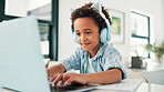 Education, laptop and home school learning with student boy in living room of apartment for study or child development. Computer, smile and headphones with young kid typing for remote school