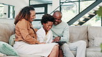 Happy black family, tablet and relax on sofa for entertainment, social media or online streaming at home. African mom, dad and son smile with technology for bonding, movie or weekend in living room