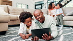 Father, boy and tablet on floor with internet for educational gaming, movie bonding and online tv show. Family, man and son with touchscreen on carpet of living room for relax, streaming and happy