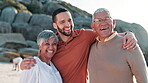 Happy family, face and hug on beach for summer vacation adventure, care and bonding together for love by seaside. Father, mother and son in portrait in smile, embrace and holiday wellness by ocean