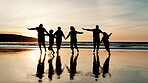 Family, game and plane on beach at sunset playing with freedom and silhouette of travel on holiday. Summer, vacation and running with children in flight of airplane on sand and bonding together