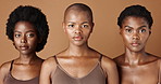 Skincare, face or African models with beauty, glowing skin or afro isolated on brown background. Facial dermatology, black women or natural cosmetics for makeup in studio with girl friends or people