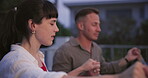 Family dinner, holding hands and woman pray for American holiday event, religion or gratitude to holy spirit. USA, Jesus Christ and people worship God at group supper, Independence Day or 4th of July