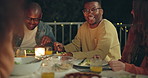 Friends, laughing and dinner at party, patio and happy for conversation, food and new years eve celebration. Woman, men and group at table with joke, memory and night with story, diversity and event