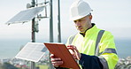 Man, tablet and engineer for solar panel inspection, research or alternative energy maintenance on rooftop. Male person, contractor or technician on technology for photovoltaic checklist in city