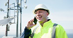 Happy man, phone call and engineer in conversation for solar panel maintenance or inspection on rooftop. Person, contractor or technician smile on mobile smartphone in discussion for communication