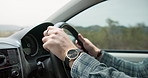 Married man, hands and driving vehicle for travel, road trip or outdoor transportation in the countryside. Closeup of male person, wedding ring and car steering wheel for holiday getaway or adventure