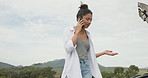 Frustrated woman, phone call and car trouble for problem solving, communication or road side assistance. Female person talking to mechanical engineer on sidewalk with vehicle breakdown in countryside