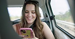 Happy woman, phone and social media in car for travel, communication or networking in transportation. Female person smile on mobile smartphone in vehicle for online chatting, texting or road trip