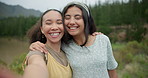 Nature, selfie and face of girl friends on a vacation, weekend trip or holiday in a forest. Happy, travel and portrait of excited young women in outdoor adventure for picture photography together.