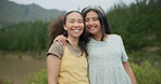 Nature, smile and face of girl friends on a vacation, weekend trip or holiday in a forest. Happy, travel and portrait of excited young women on an outdoor exploring adventure together in summer.