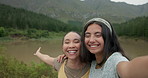 Happy woman, friends and selfie in nature for social media, picture or vlog with natural scenery. Female person or people smile in photograph, capture or moment together on outdoor adventure in woods