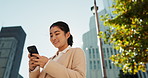 Happy woman, phone and typing in city for communication, social media or outdoor networking. Young female person smile on mobile smartphone for online chatting, texting or research in an urban town