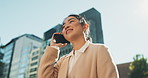 Happy woman, phone call and talking in city for communication, conversation or outdoor networking. Female person or employee smile on mobile smartphone for discussion, talk or chat in an urban town