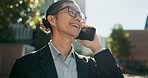 Asian man, phone call and laughing in city for funny joke, conversation or outdoor networking. Happy businessman smile and talking on mobile smartphone for fun business discussion in an urban town