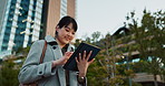 Happy asian woman, tablet and city for social media, research or communication in outdoor networking. Business female person smile on technology in online search, chatting or texting in an urban town