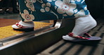 Train, travel and feet of Japanese woman on commute in traditional clothes, culture and kimono in subway. Fashion, indigenous style and person in fast vehicle, metro transport and trip in station