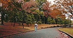 Nature, walking and Japanese woman in a garden for exploring, journey or adventure on holiday. Pathway, field and back of female person in kimono commuting in an outdoor park in Tokyo for Autumn.