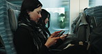 Train, women and travel with a cellphone, typing and connection with adventure, journey or break. People, commute or girls with a smartphone, internet or communication with mobile user or digital app