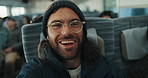 Selfie, bus and travel with man, smile and happy with social media, website and profile picture. Face, person and guy with glasses, commute and cheerful with digital app, connection and internet