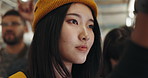 Subway, public transport and Japanese woman thinking on a train with travel and journey. Japan, holiday and idea of a female student from Osaka with commute and trip on the underground railway 