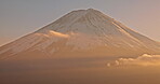 Drone, landscape and mountain with clouds at sunrise with sky, nature and bird in flight. Fujiyoshida, Japan and skyline of environment in summer with aerial view of hill with peace and freedom