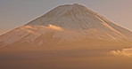 Mountain, clouds and landscape from drone at sunset with sky, nature and birds in flight. Fujiyoshida, Japan and skyline of environment in summer with aerial view of hill with calm, peace and freedom