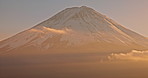 Mountain, landscape and clouds from drone sunset with sky, nature and birds in flight. Fujiyoshida, Japan and skyline of environment in summer with aerial view of hill with calm, peace and freedom