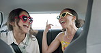 Car, singing and happy friends on a road trip, excited adventure and holiday with transport. Young women or gen z people in sunglasses for travel, vacation and dance with energy and laughing together