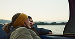 Happy, love and young couple on a boat for exploring on vacation, weekend trip or holiday. Smile, romantic and man and woman on a vessel for valentines day date on adventure together by ocean or sea.