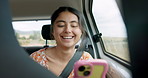 Woman, phone and road trip in car with laugh, meme and comic video on internet on road for travel. Girl, smartphone and reading in vehicle with funny blog, social media post or story with transport