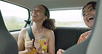 Girl friends, singing and road trip in car with dancing, smile and sound on radio for holiday. Women, dancer and happy with singalong, karaoke and carpool with driving, noise and listening to music