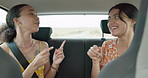 Woman, friends and singing on road trip, car and dancing with smile, sound and radio on holiday. Girl, dancer and happy with singalong, karaoke and carpool with driving, noise and listening to music