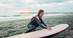 Woman, surfboard wax and happy by ocean, thinking and ready for workout, training or wellness in morning. Person, surfer and preparation at beach, waves and nature with smile for water sport in Japan