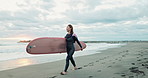 Asian woman, surfboard and walk by ocean, smile and ready for workout, training or wellness in morning. Person, surfer and excited at beach, waves and nature for health, exercise and happy in Japan