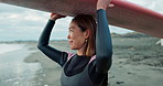 Woman, Asian and surfboard at beach with view of ocean, travel and adventure with extreme sport outdoor. Surfer in nature, board on head and ready for waves with happiness, peace and calm in nature