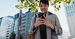 Phone, city and Japanese business woman in street online for social media, networking and website. Professional, corporate and worker on smartphone for research, internet and communication in Japan