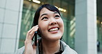 Business woman, phone call and happy in street on walk to workplace with chat, contact and networking. Japanese person, corporate employee and smartphone with smile, negotiation and talking in Tokyo